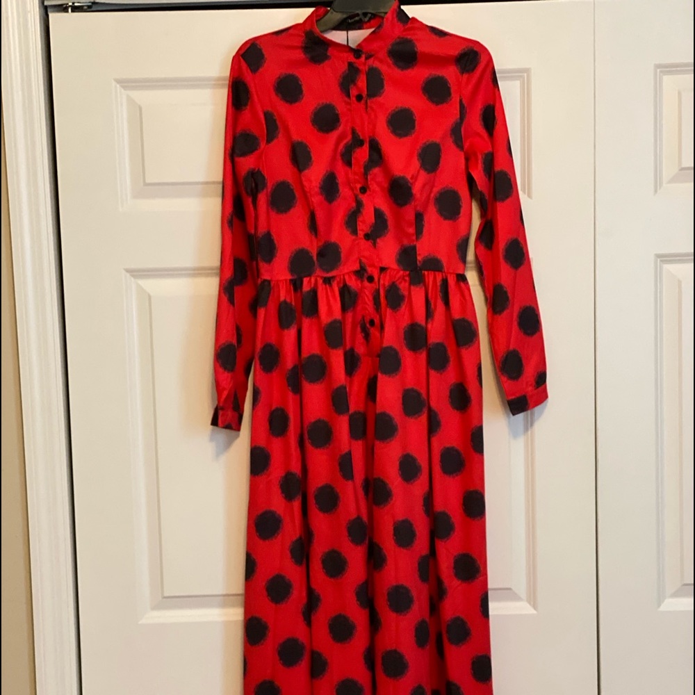Red maxi dress with black polka dots